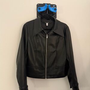 Silence + Noise Black Leather Jacket with Cropped Fit and Zipper Closure